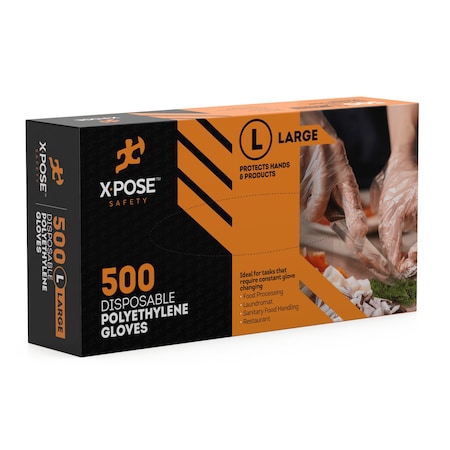 Xpose Safety Disposable Gloves, Poly, Powder-Free, L, Clear P500-L